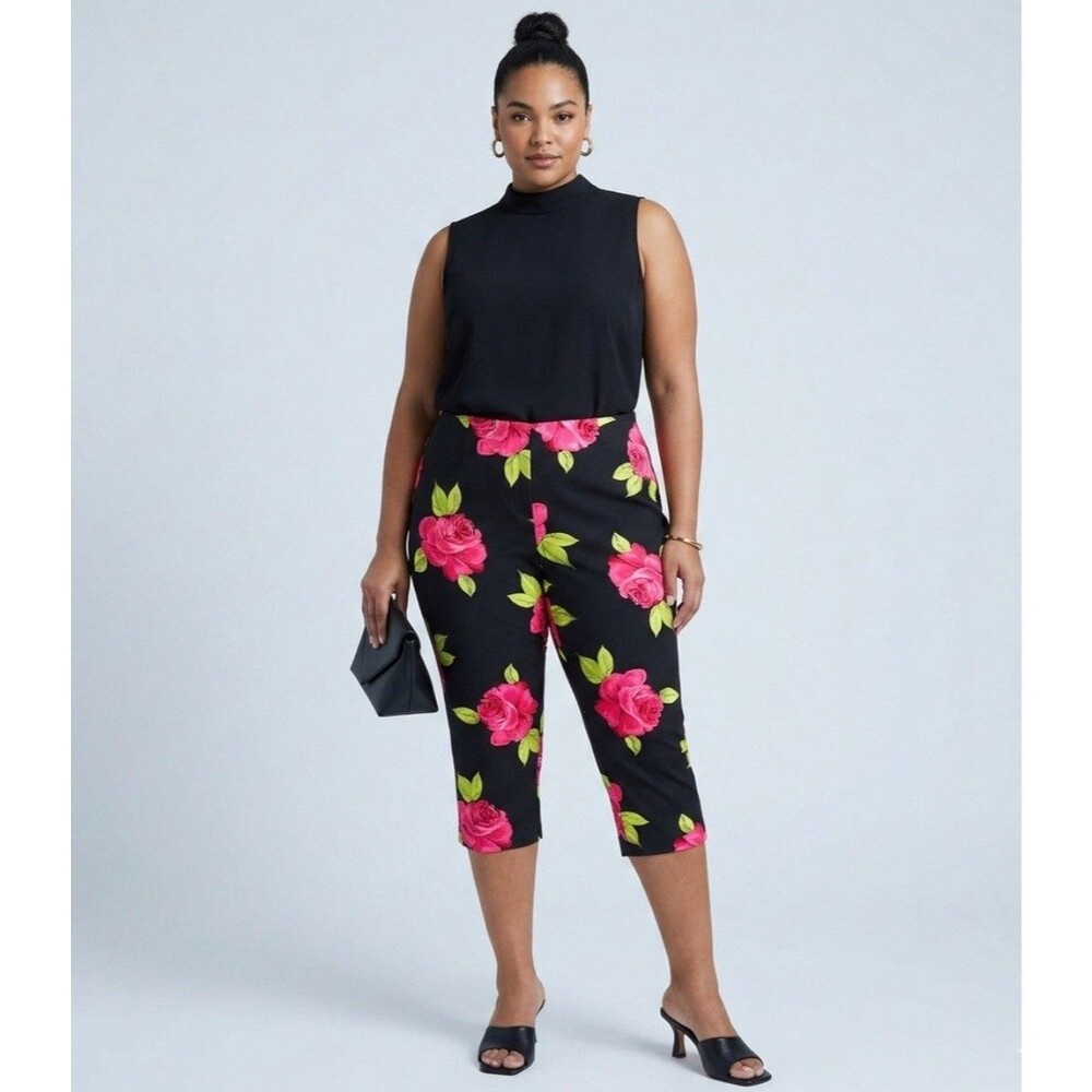 NWT Briggs New York Black Floral Rose Stretch Cropped Pants Womens Plus Size 20W